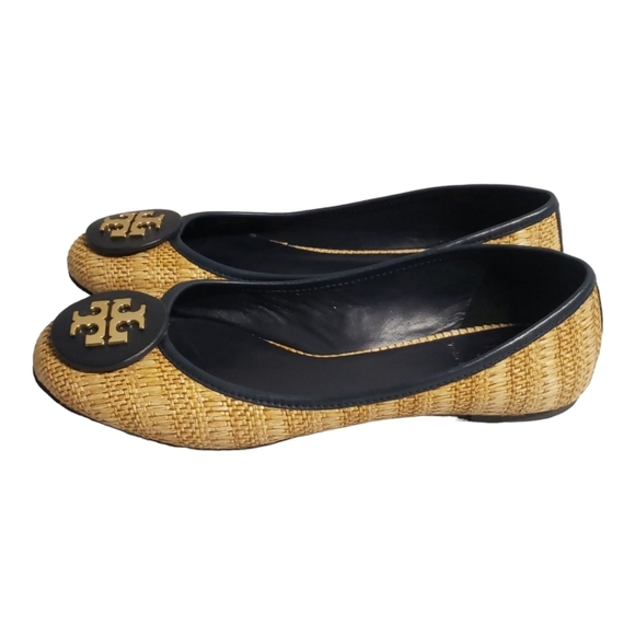 Tory Burch Reva Black & Raffia Straw Woven Flats Size 8.M - Picture 6 of 10